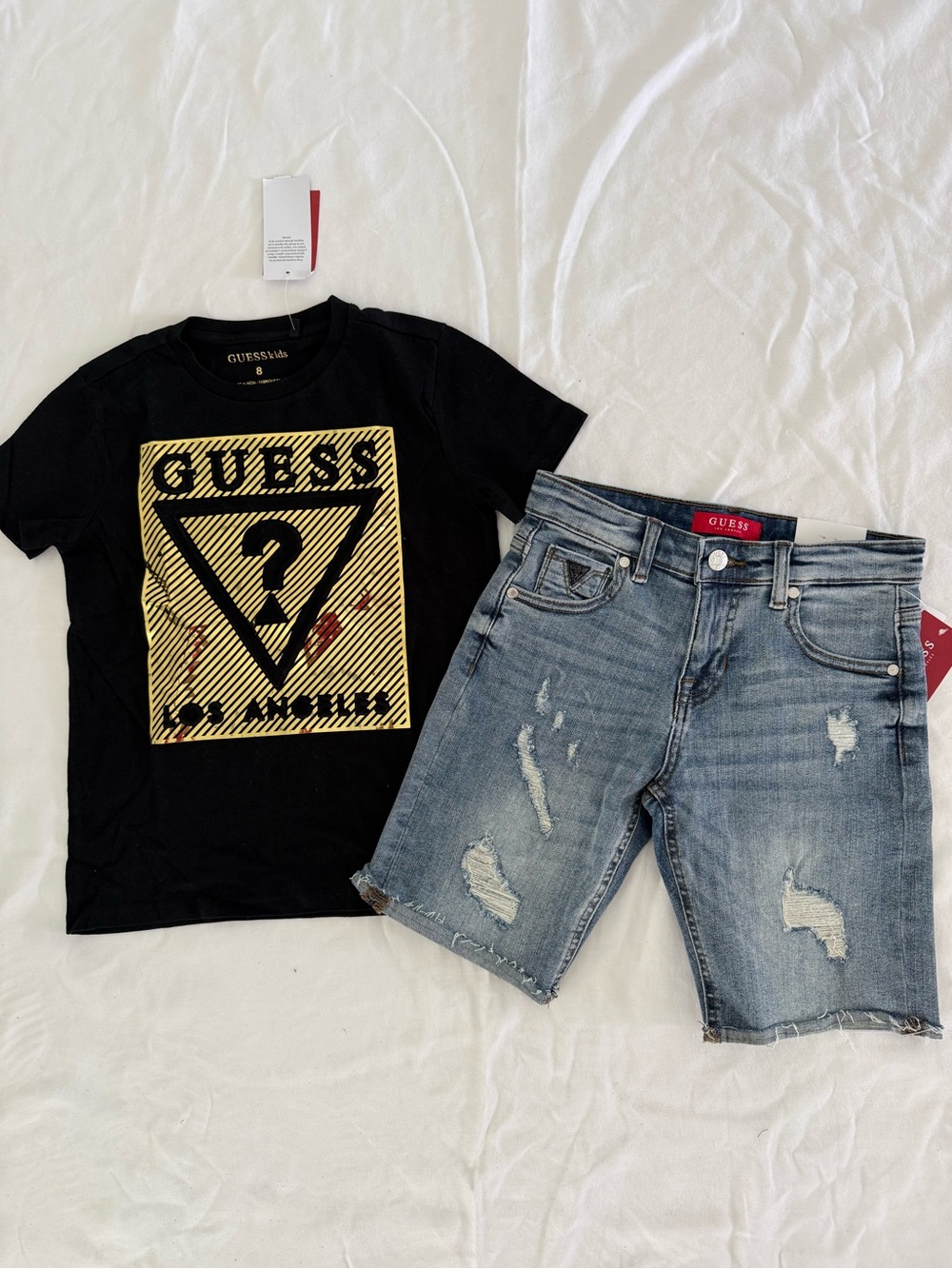 New boys Guess Sz 8 Black Tee, denim shorts
